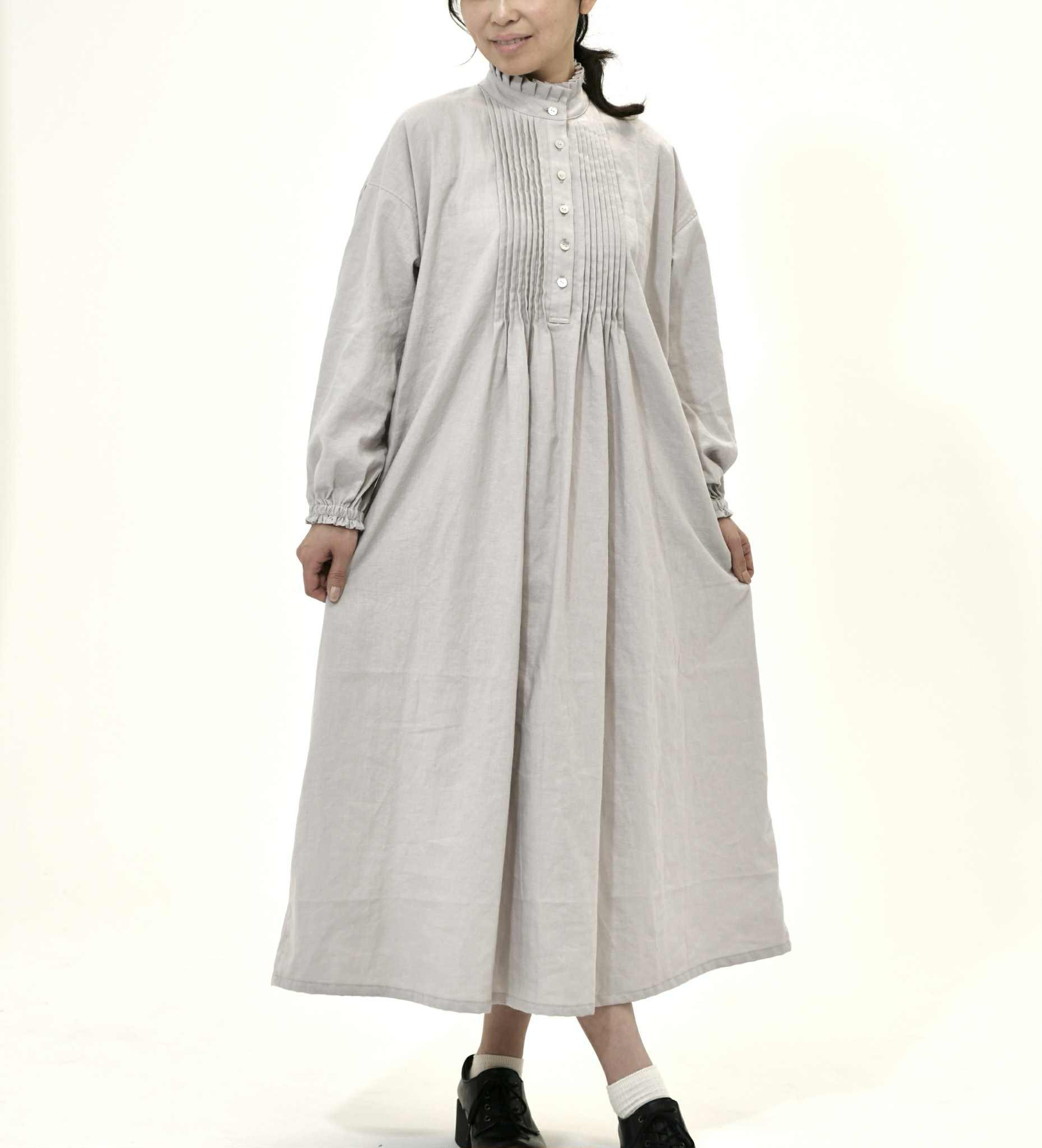 スタンドフリル襟ピンタックワンピース(選べる30色) | 4枚目