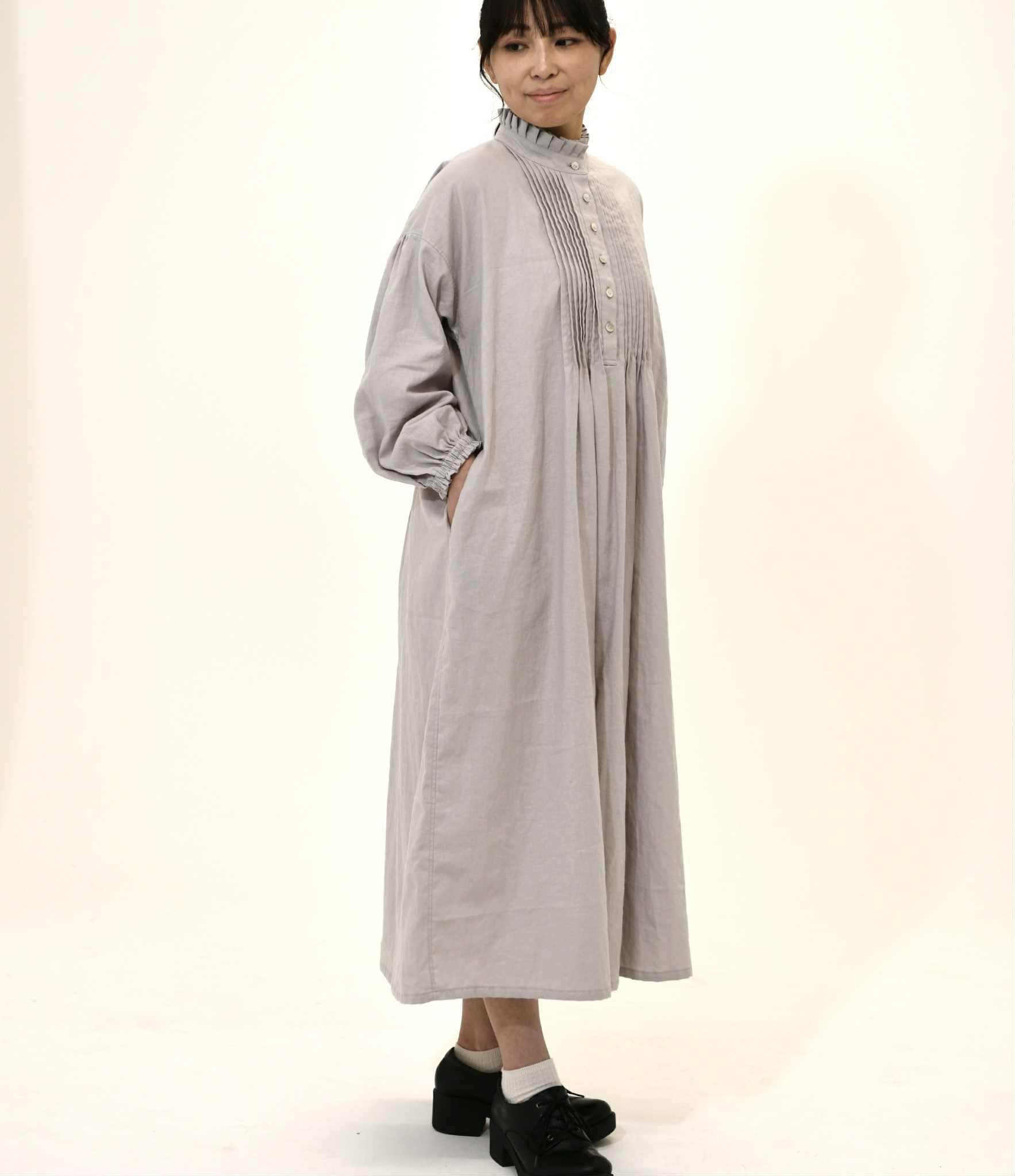 スタンドフリル襟ピンタックワンピース(選べる30色) | 5枚目