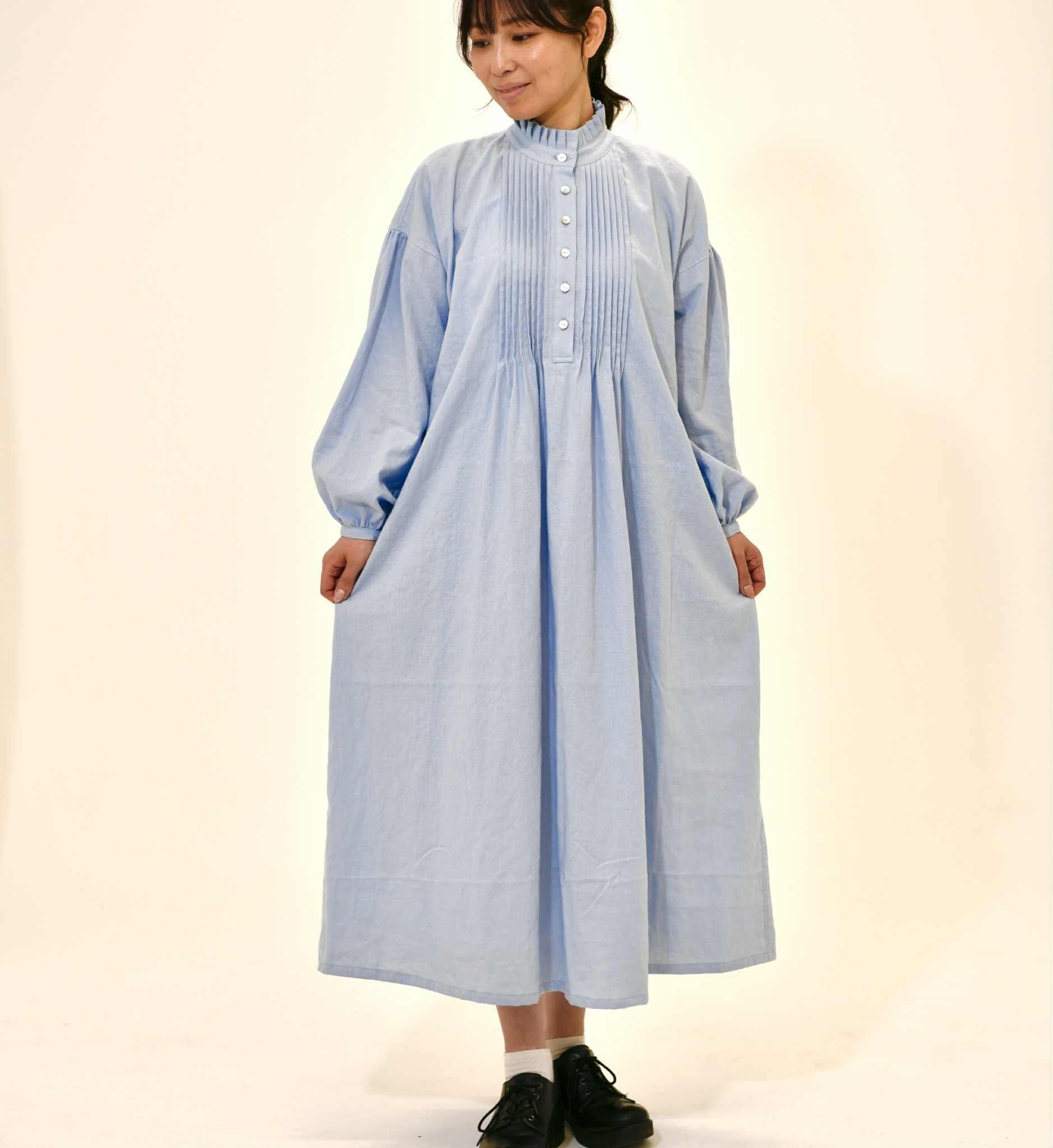 スタンドフリル襟ピンタックワンピース(選べる30色) | 7枚目