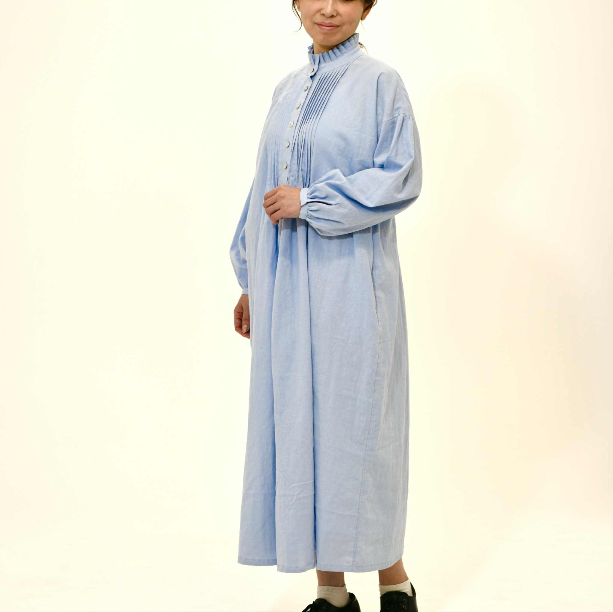 スタンドフリル襟ピンタックワンピース(選べる30色) | 8枚目